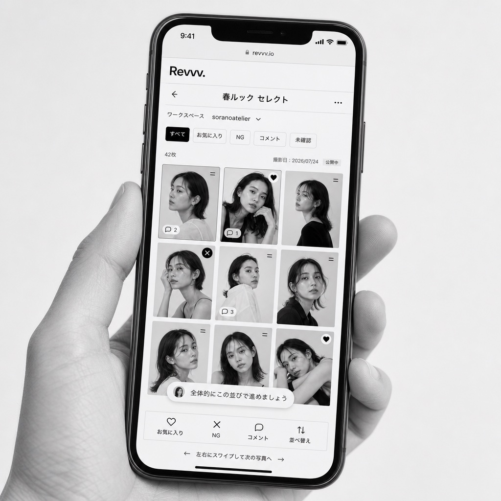スマートフォンで表示した Revvv. のレビュー画面。写真グリッドとお気に入り・NG・コメント・並べ替えの操作が表示されている。